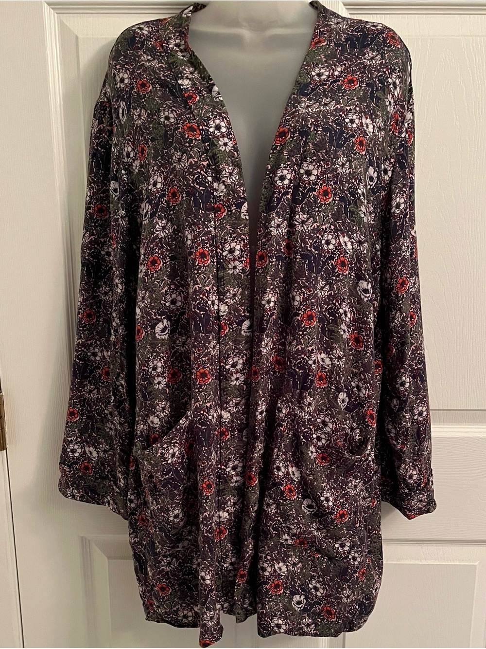 Hinge Deep Olive Green Pink Floral Open Kimono Duster Jacket Pockets M
